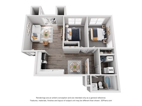 Floor plan for 2 beds, 1 bath, 870 sqft
